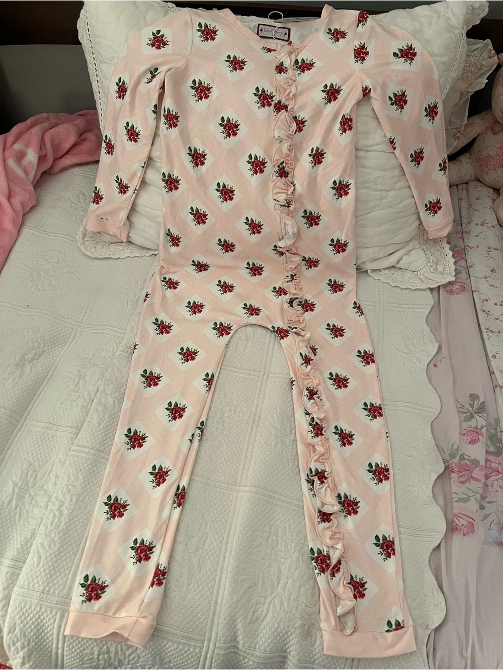 SweetHoney Pink Floral Ruffled One-Piece Pajama Set